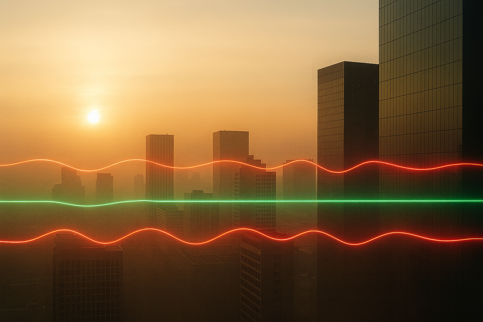City skyline at sunrise with subtle red and green wavy light trails symbolizing trading signals across the image.
