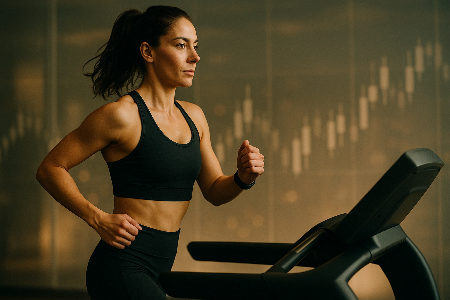 A focused woman runs on a treadmill in a softly lit gym, with abstract chart patterns reflected in the background to symbolize futures trading psychology.
