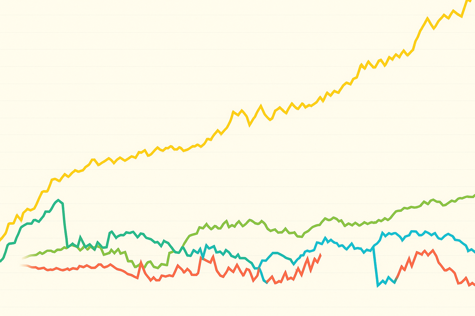 A colorful 2D line graph displaying four data trends—yellow, green, blue, and red—on a light beige background with slightly darkened gridlines. The yellow line rises steadily upward, while the green, blue, and red lines fluctuate at lower levels. All lines are continuous, with the red line fully connected.