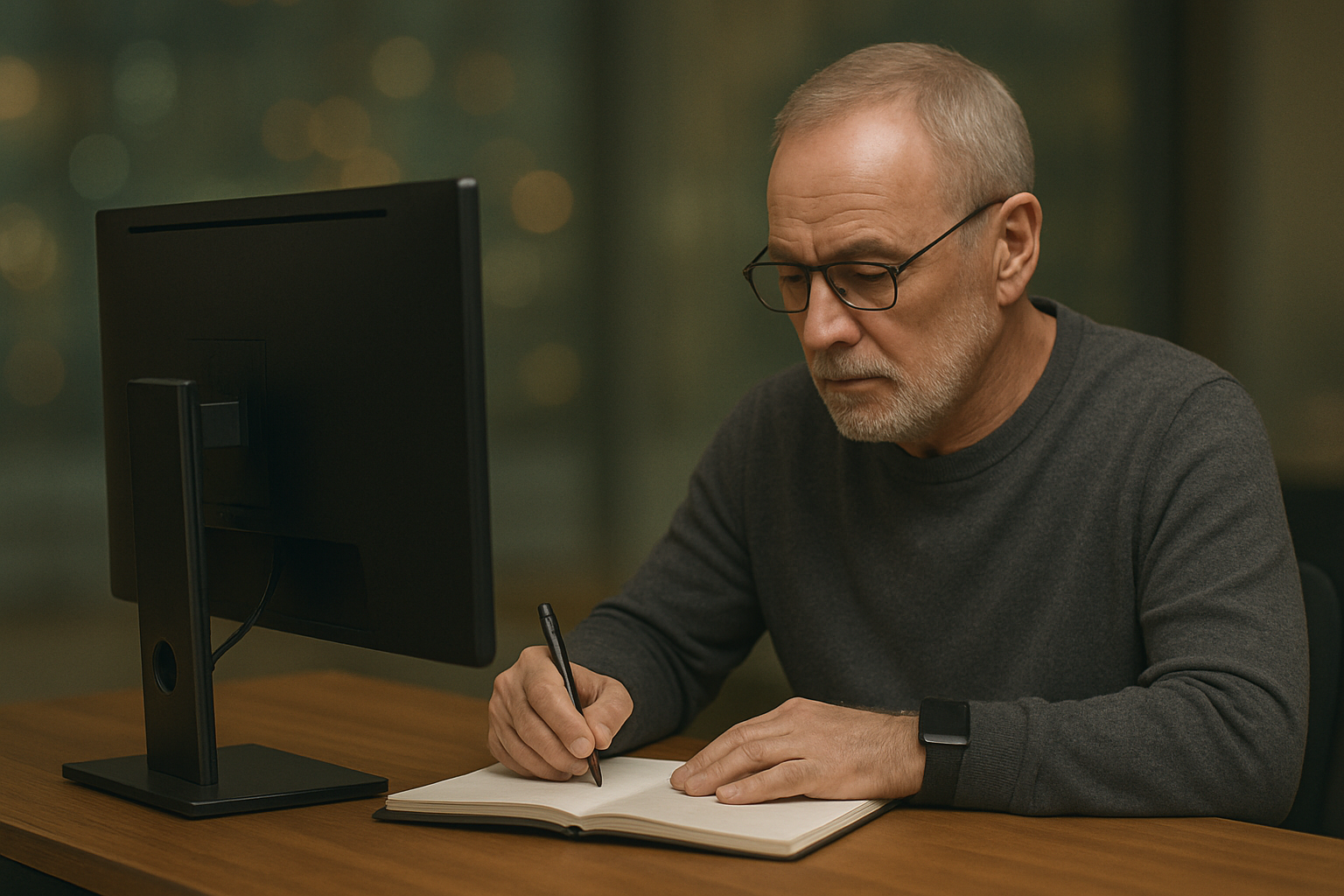 An man with glasses and a smartwatch journals at a wooden desk with a single computer monitor, viewed from behind, in a softly lit office setting.