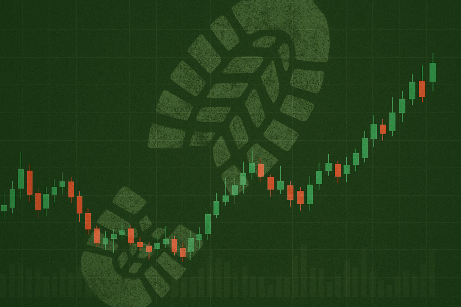 A green financial candlestick chart with a large, semi-transparent boot print diagonally overlaid from the top right to the bottom left.