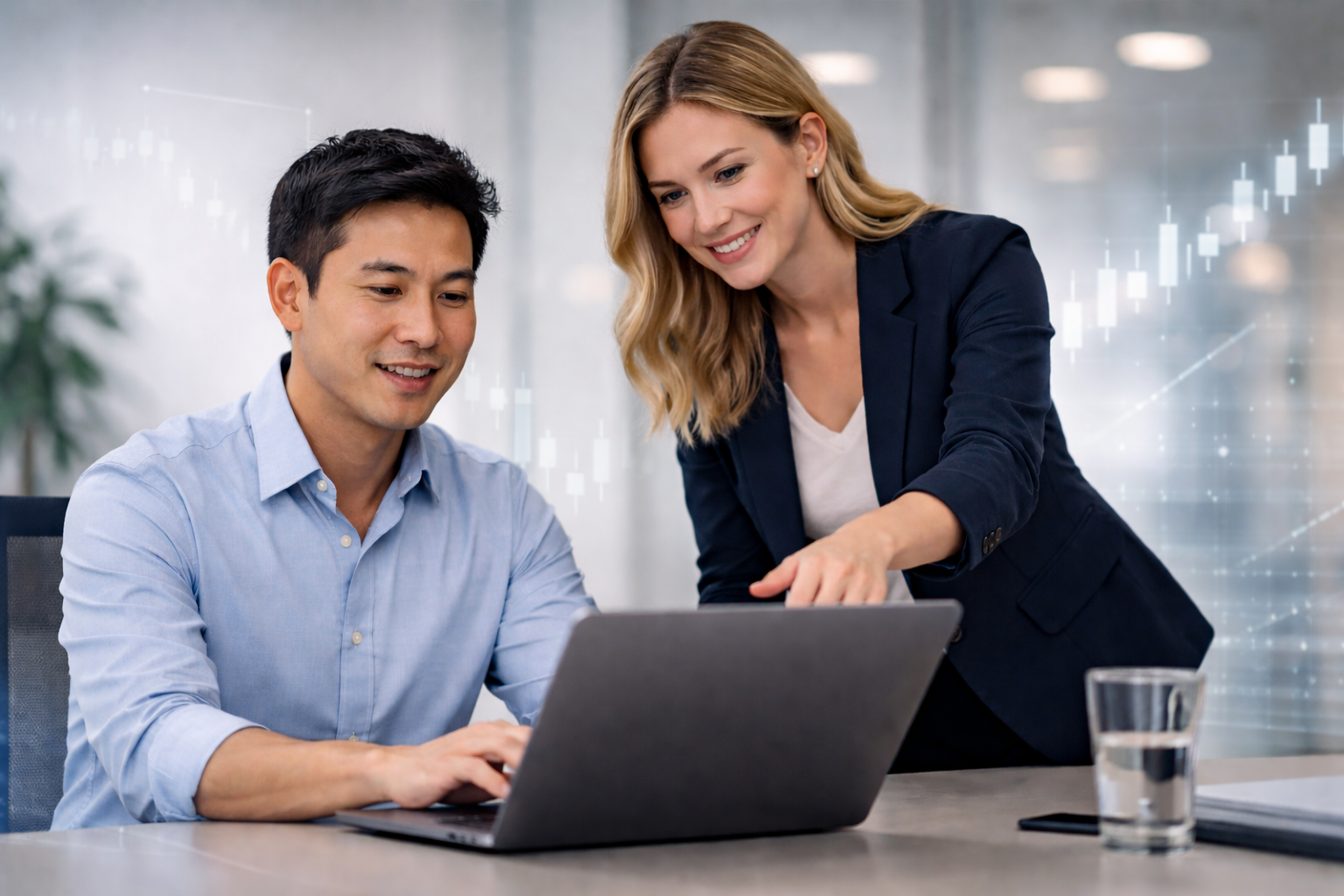 A professional office scene showing two colleagues collaborating at a laptop, with one person seated and working while another stands behind offering guidance, set against a modern workspace with subtle abstract futures trading graphics in the background.