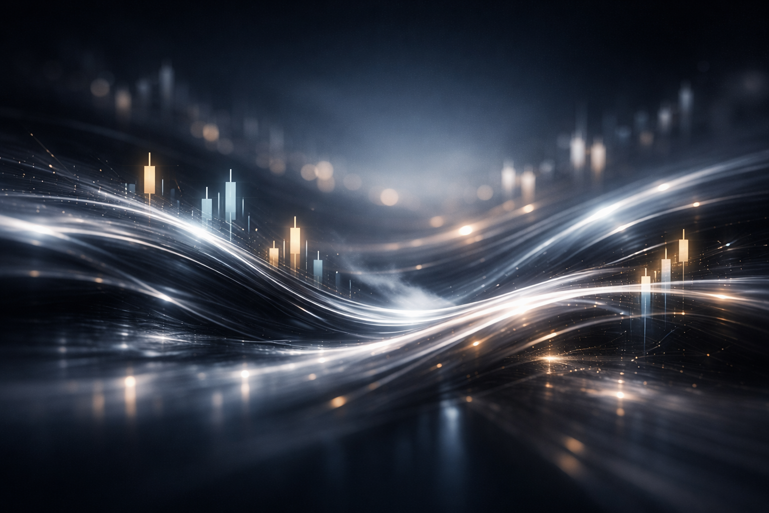 Abstract waves of light and reflections suggest futures market momentum and shifting liquidity in a dark, muted environment.