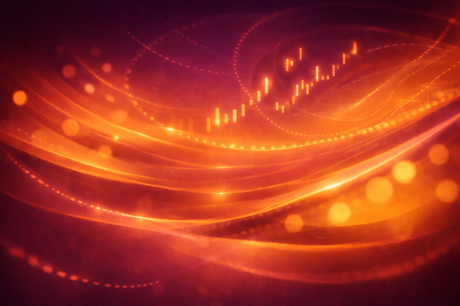 Abstract futures trading illustration with glowing orange and gold light waves, dotted motion paths, and upward candlestick-style shapes on a warm purple gradient background.