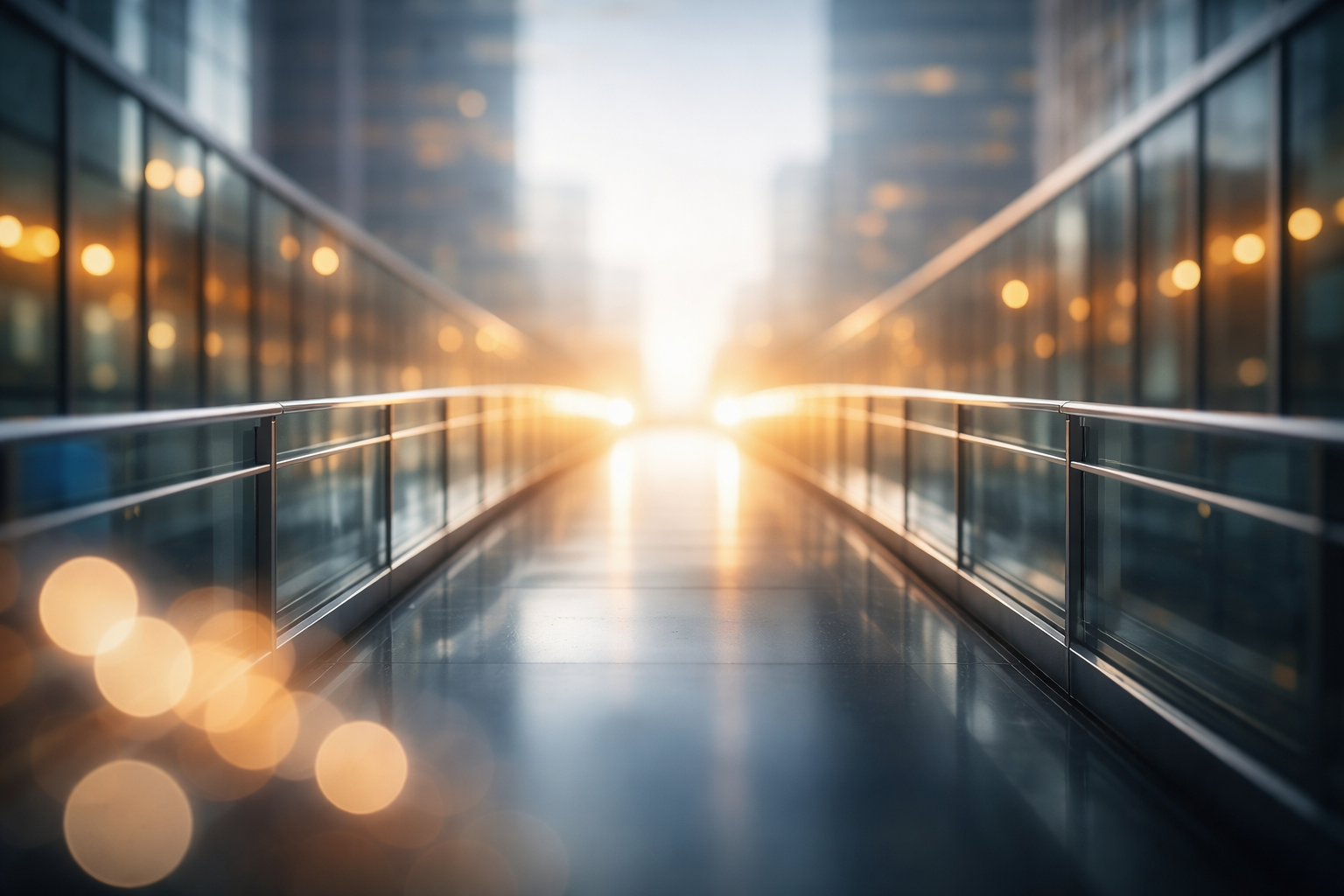 Abstract glass pedestrian bridge between modern buildings glowing with warm light and soft bokeh, symbolizing connection and transition between two spaces.
