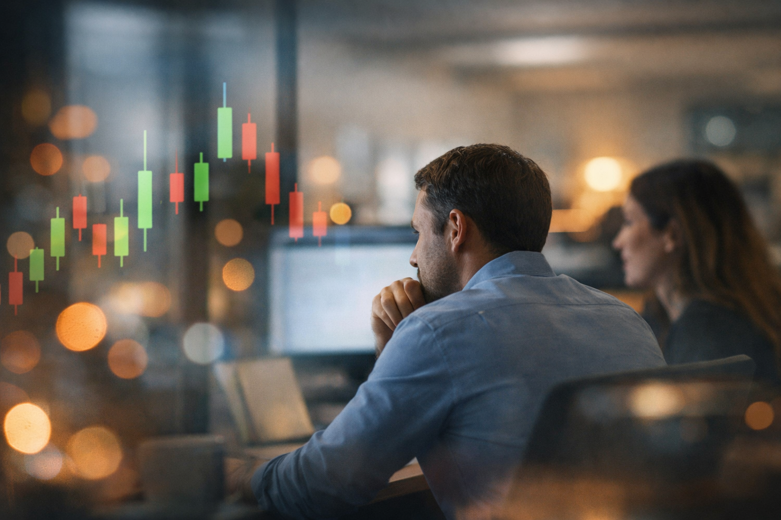 Candid office scene of traders reviewing market ideas with soft candlestick reflections and warm bokeh light, illustrating candlestick patterns in adaptive markets.