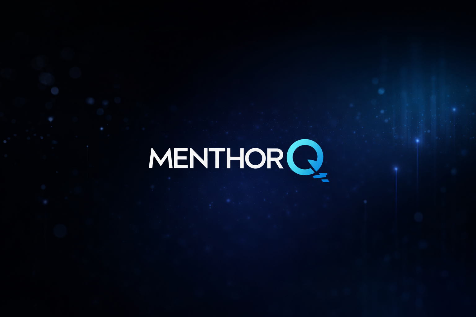 Landscape thumbnail featuring the MenthorQ logo centered against a dark blue gradient background with subtle glowing particles and vertical light streaks for a modern fintech aesthetic.