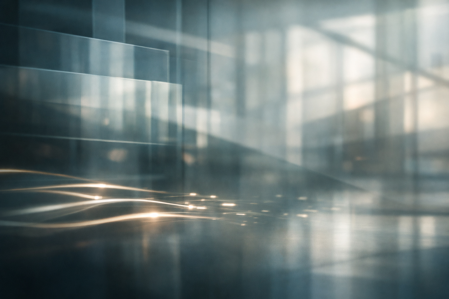 Abstract architectural scene with layered glass panels and soft light trails fading into the distance, symbolizing incomplete market insight beyond order flow