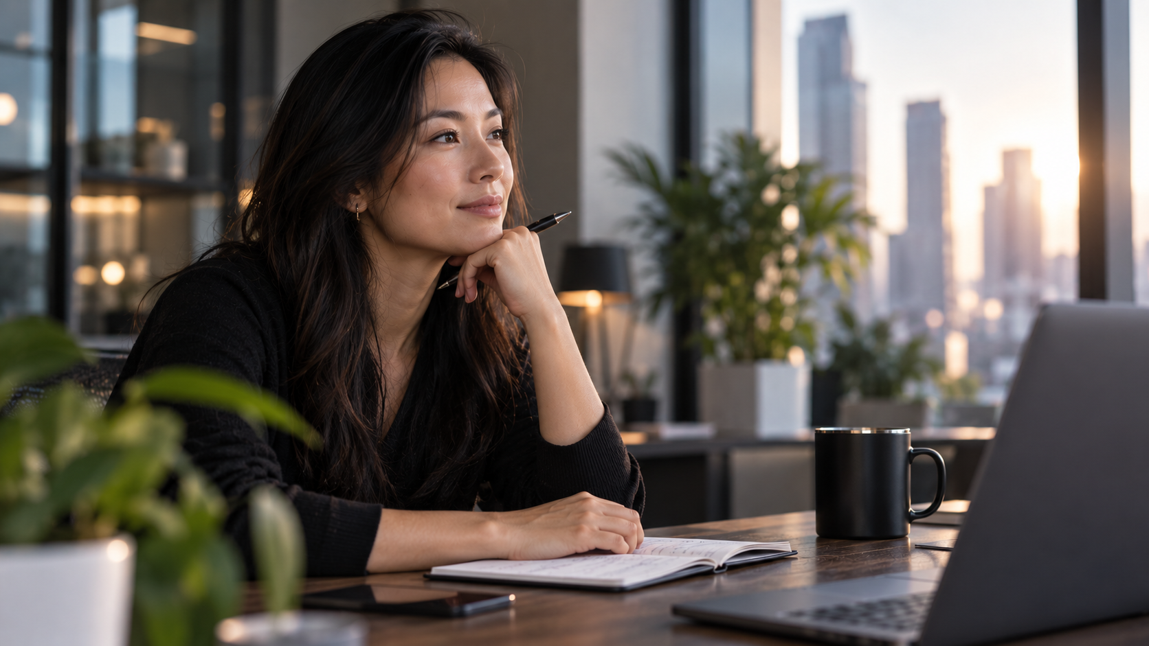 A confident female trader sits thoughtfully at a modern desk with a notebook and laptop in a softly lit office overlooking a city skyline.