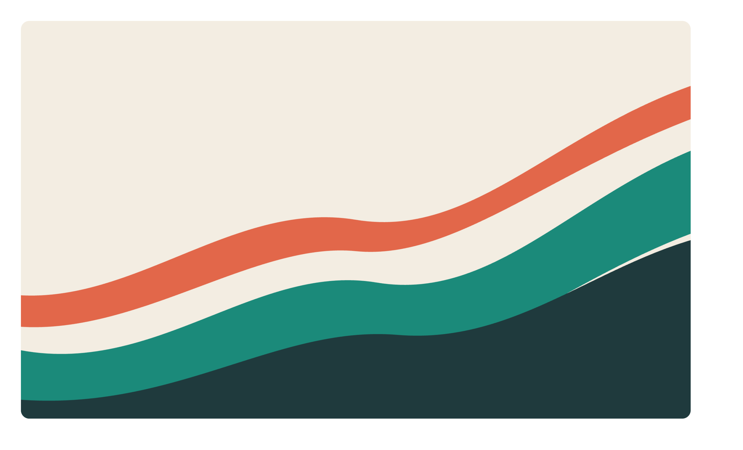Abstract teal and coral ribbons sweeping upward over a dark base on a cream background